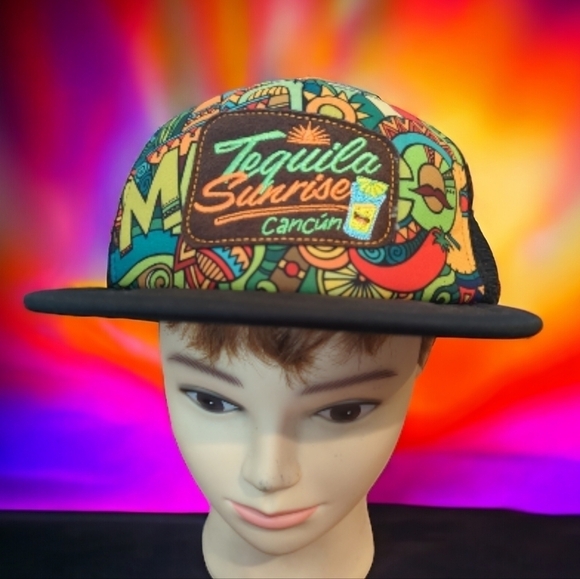 Tequila Sunrise Cancun vibrant colorful snap back mesh 6 panel baseball cap hat - Picture 7 of 8